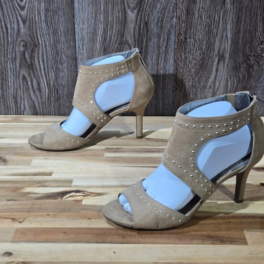 Worthington Tan Suede Studded Cut-Out Bootie Stiletto‎ Heels Women's 8.5 M